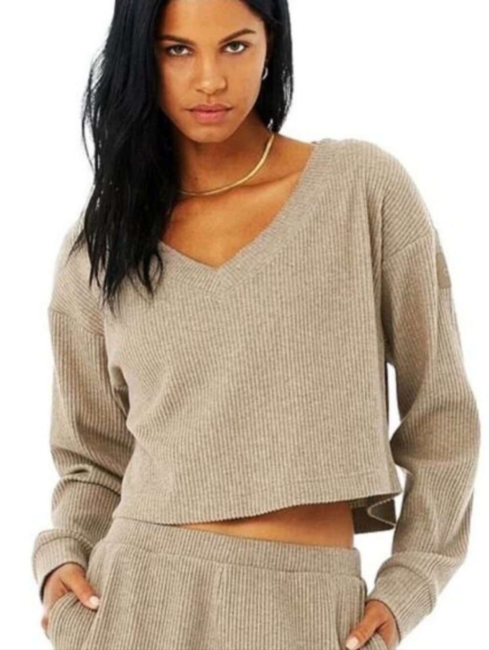ALO Yoga Muse Ribbed Crop Sweater in Heather Oat Size Med